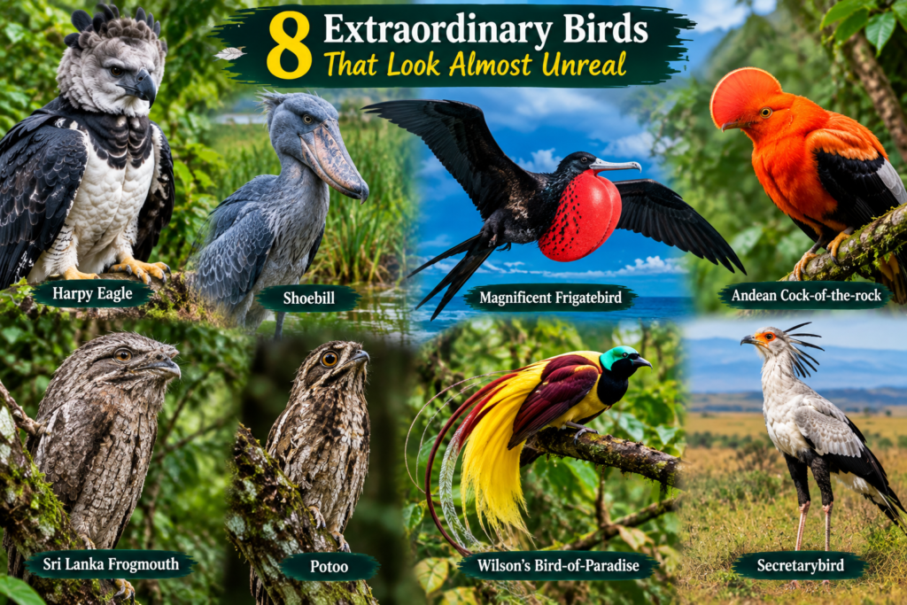 Eight extraordinary birds including Harpy Eagle, Shoebill, Magnificent Frigatebird, Andean Cock-of-the-rock, Sri Lanka Frogmouth, Potoo, Wilson's Bird-of-Paradise and Secretarybird