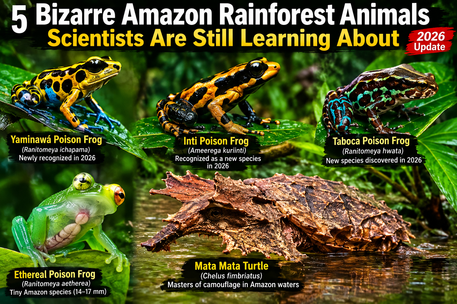 Five bizarre Amazon rainforest animals in a realistic tropical forest scene