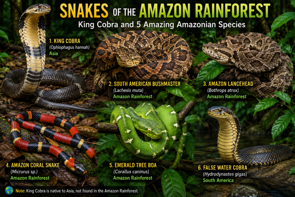 The king cobra is an Asian snake; the Amazon has its own remarkable snake species.